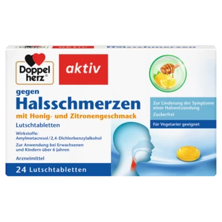 Abbildung der Produktverpackung Doppelherz aktiv Doppelherz gegen Halsschmerzen mit Honig- und Zitronengeschmack Lutschtabletten Frontansicht